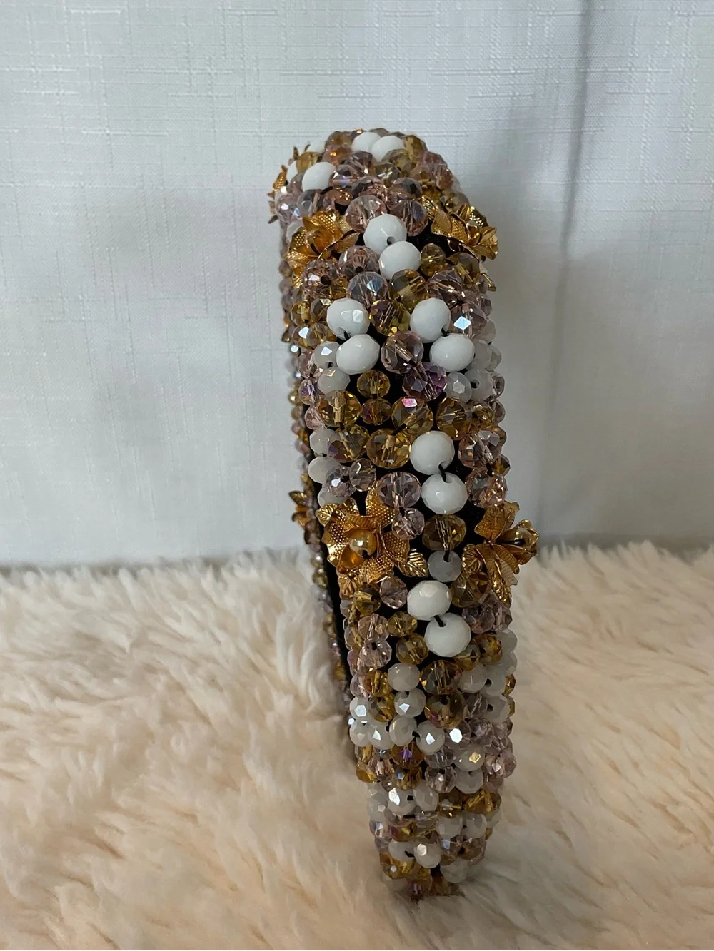 Beaded Black Headband with Gold Floral Accents